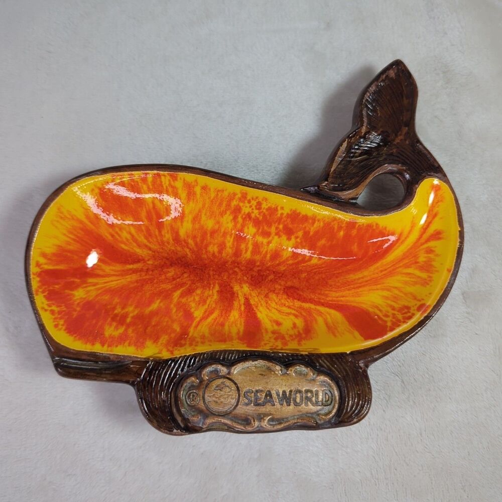 Sea World Whale Trinket Dish Ashtray Orange Treasure Craft VTG USA Tiki Tray